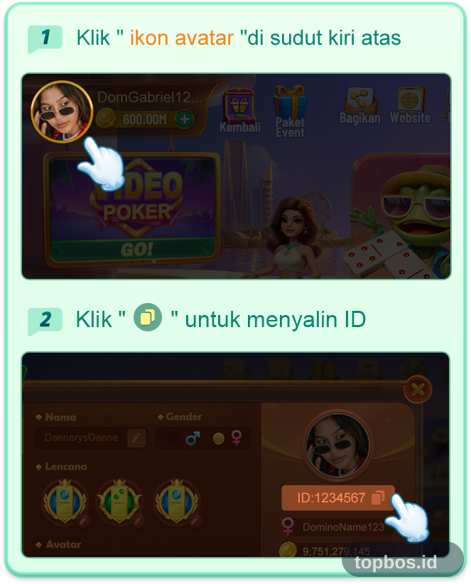Panduan: ketuk ikon avatar di sudut kiri atas permainan, lalu ketuk ikon salin di samping nomor User ID.